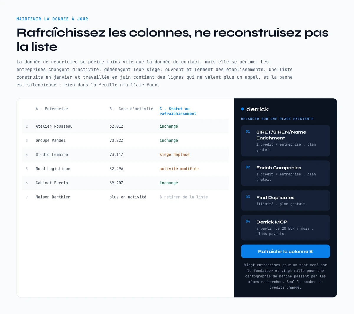 Maintenir a jour la donnee de repertoire des entreprises francaises en rafraichissant les colonnes dans une sidebar Google Sheets