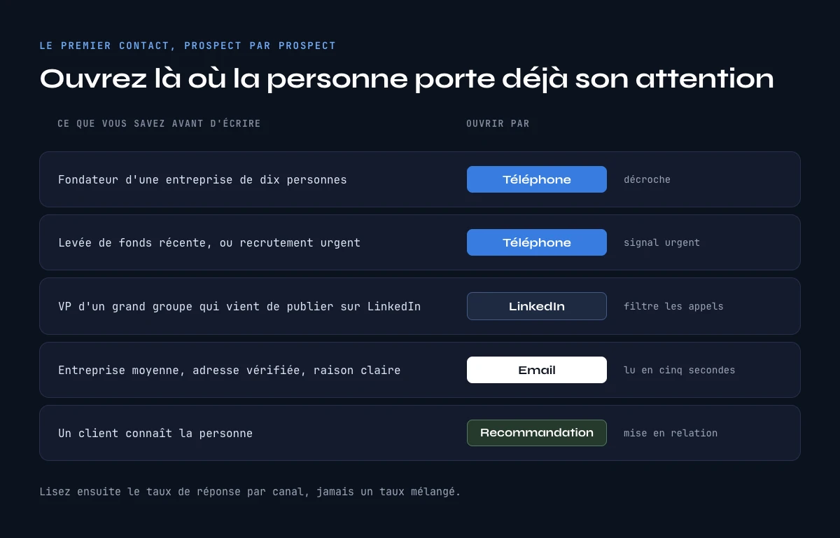 Prospection commerciale B2B : choisir le canal du premier contact par prospect