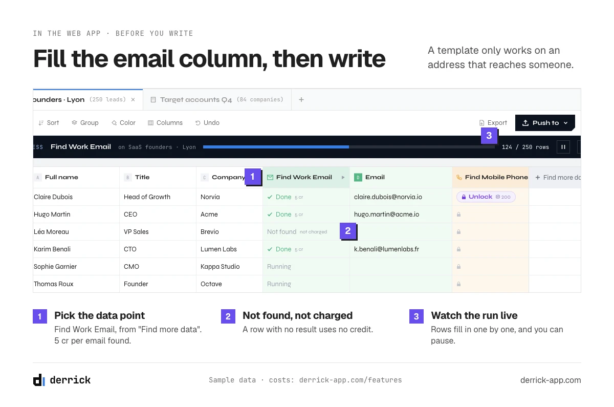 How to prospect effectively: fill the email column in the Derrick web app before writing