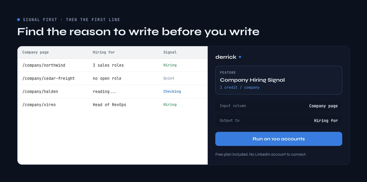 How to prospect effectively from a signal: Company Hiring Signal in the Derrick sidebar