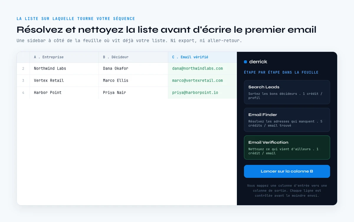 construire la liste d'une sequence email commerciale dans Google Sheets avec Derrick