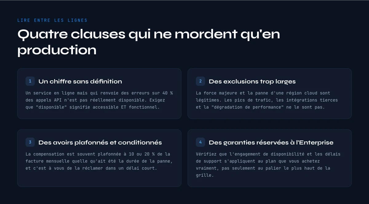 Pièges courants d'un SLA SaaS : disponibilité non définie, exclusions larges, avoirs plafonnés