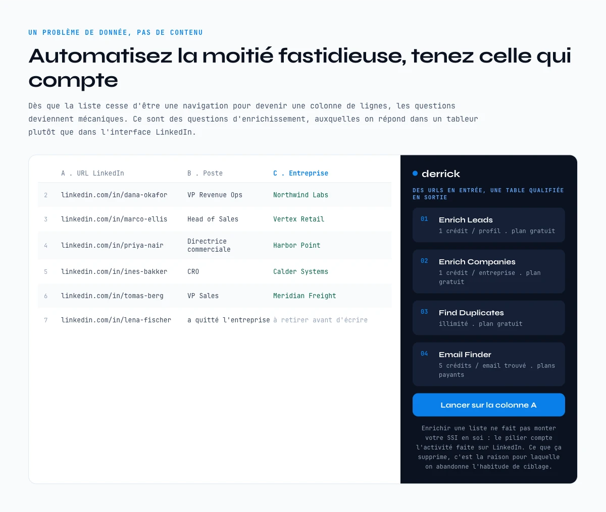 Transformer une colonne d’URLs LinkedIn en table qualifiee dans une sidebar Google Sheets