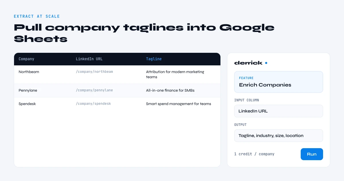 extraire les company taglines dans Google Sheets avec Derrick